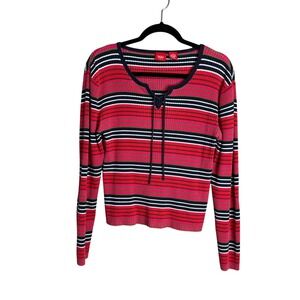 Mossimo Striped Long Sleeve Top Size XL Y2K Tie Neck‎ Pullover Top Red Multi 90s